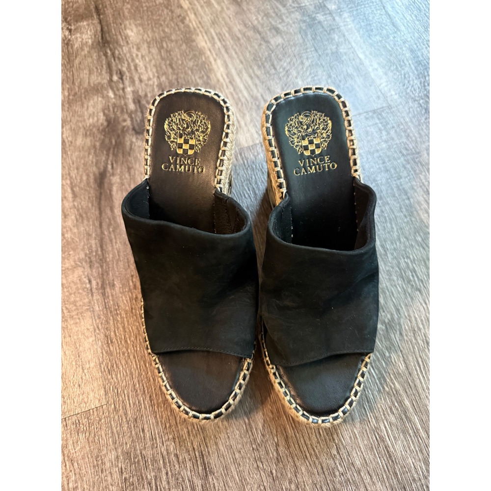 Vince Camuto Black Suede Woven Espadrille Wedge Sandals Mules Open Toe